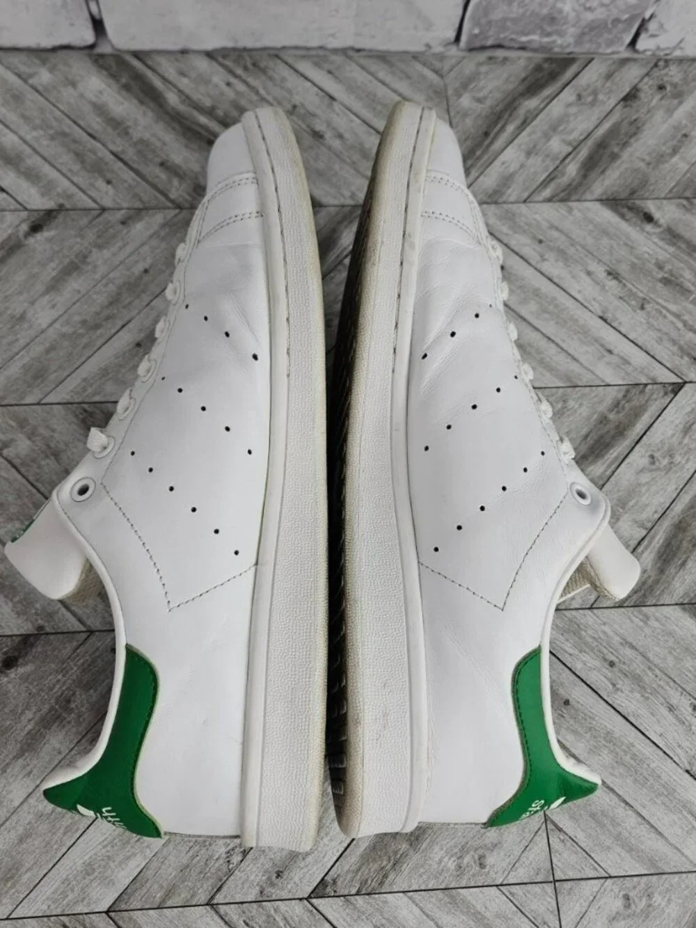 Adidas Mens 12 Stan Smith Classic White Green Leather Sneakers Shoes Preowned
